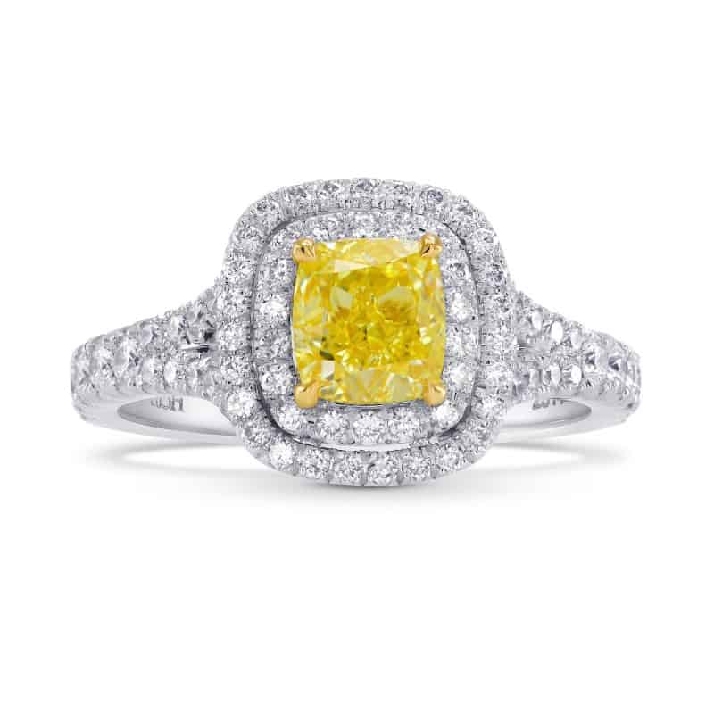 Leibish Fancy Intense Yellow Cushion Diamond Double Halo Ring