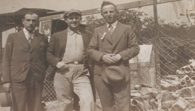 1939 Asher Daskall and Zvi Rosenberg in front of the first diamond polishing factory in Palestine