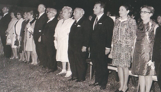 1968 Standing at the national anthem Hatikva at the inauguration of the first building of the Diamond Exchange – the Shimshom building. The two men in the center: Moshe Schnitzer Exchange president and Avraham Krenitzi the mayor of Ramat Gan city