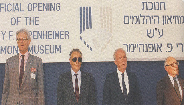 Singing og Hatikva at thr dedication of the Harry Oppenheimer Diamond Museum Left to right: Julian Ogivie Thompson Moshe Schnitzer, Itzhak Rabin, Harry Oppenheimer
