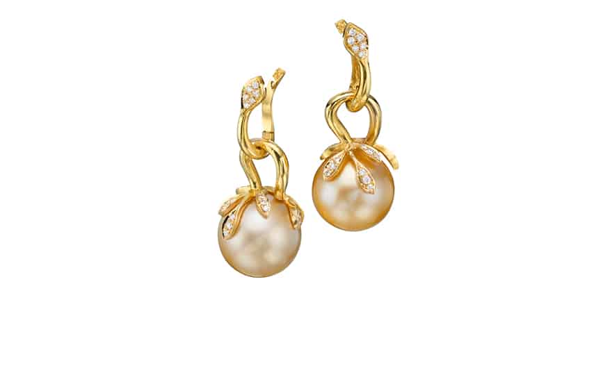 Gold, diamond, and golden pearls earrings