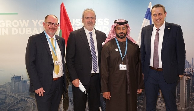 Martin Leake, Yoram Dvash, Ahmed Bin Sulayem and Eran Zini, IDE Managing Director, in DMCC offices at the Israel Diamond Exchange